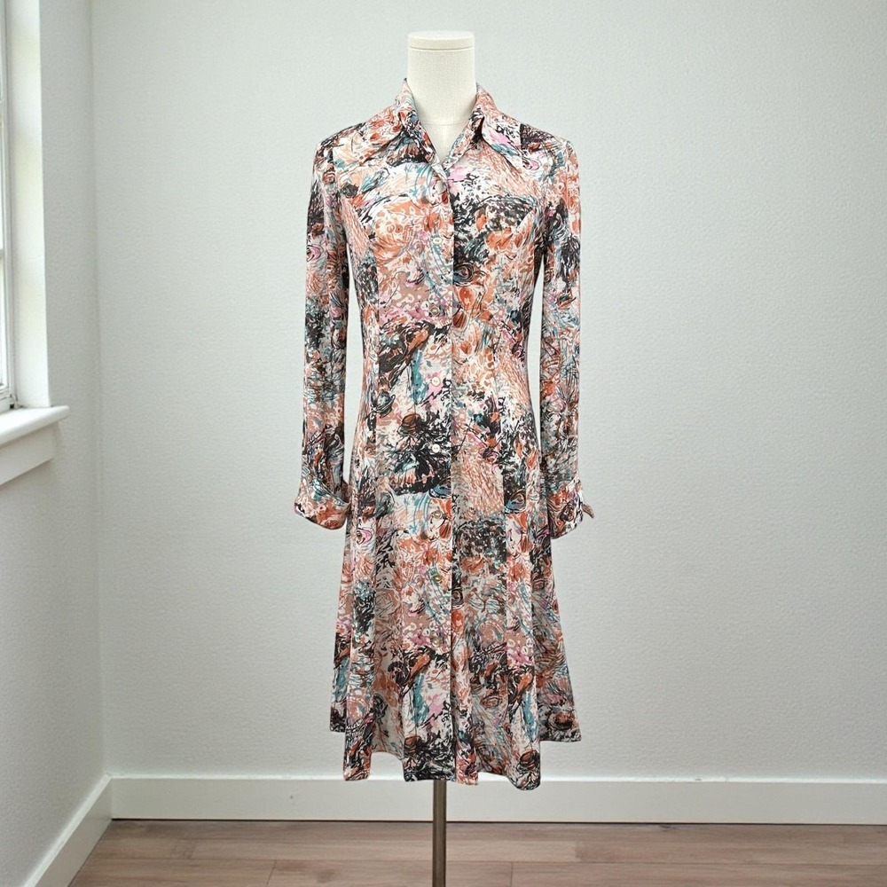 VTG 70s Verona Knits Abstract Print Midi Dress Small Earthy Eclectic Boho Modern